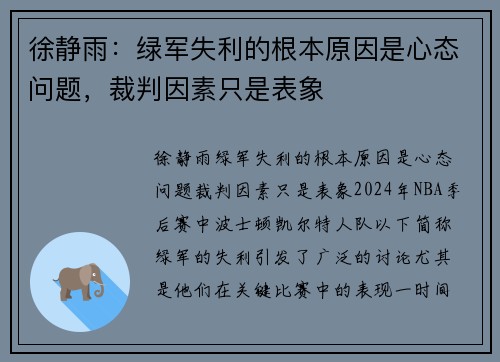 徐静雨：绿军失利的根本原因是心态问题，裁判因素只是表象