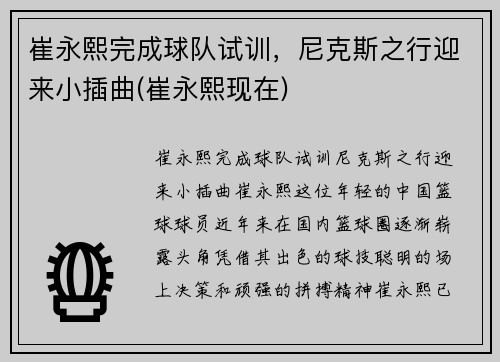 崔永熙完成球队试训，尼克斯之行迎来小插曲(崔永熙现在)