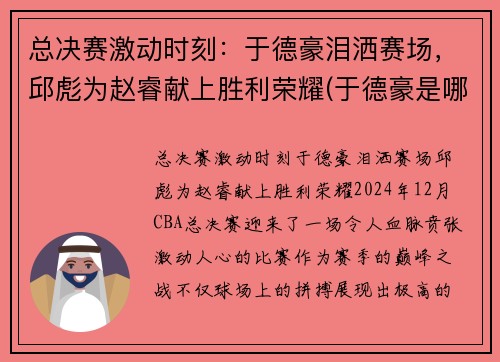 总决赛激动时刻：于德豪泪洒赛场，邱彪为赵睿献上胜利荣耀(于德豪是哪个队的)