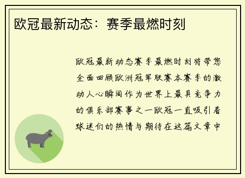 欧冠最新动态：赛季最燃时刻