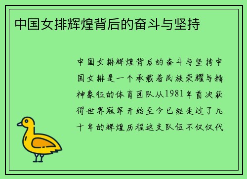 中国女排辉煌背后的奋斗与坚持